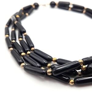 Vintage 4-Strand Black Lucite‎ Beads with Small Goldtone Beads Choker Necklace